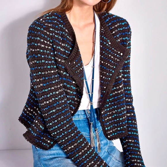 WHBM Tweed Knit Moto Jacket Women’s Size XS Cropped Long Sleeves Open Front Boho - Picture 1 of 8